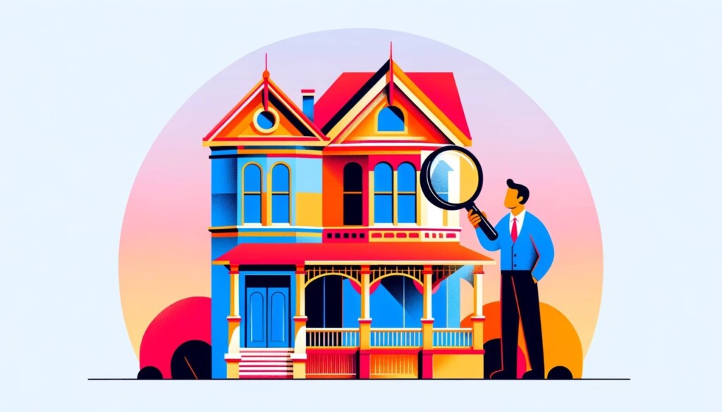 Minimalist illustration of a person using a magnifying glass to examine a colorful San Francisco Victorian home, symbolizing in-depth research of property tax records and permits.