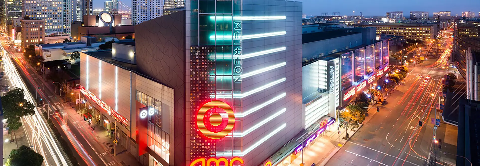 Exterior Bird’s Eye View of the Metreon shopping and dining mall all lit up at night