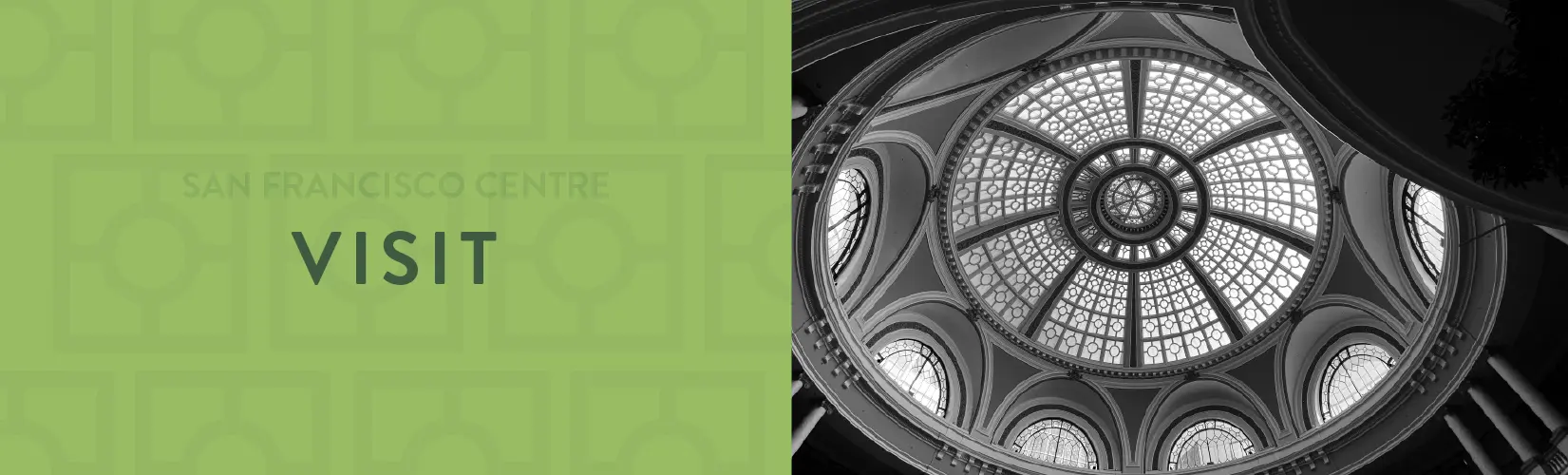 Black and white photo of the iconic glass-ceilinged dome at San Francisco Centre shopping mall