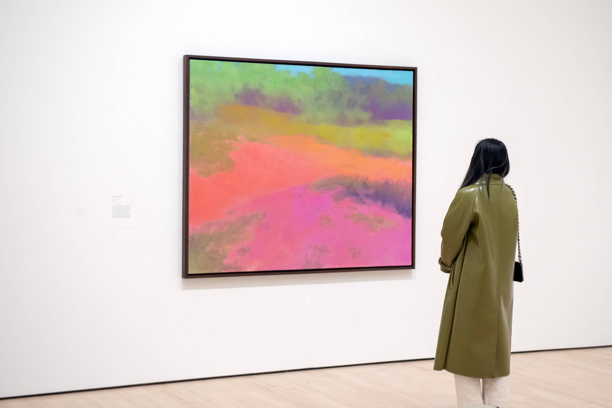 Woman in Olive Green Leather Trench Coat Admiring a Colorful Abstract Painting at San Francisco MoMA