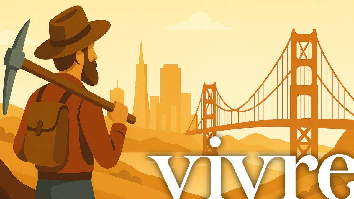 AI wealth boosts the san francisco real estate market - depicting a prospector arriving to SF, old meets new